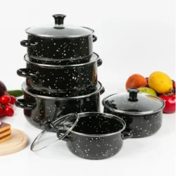 Ensemble de 05 casseroles à soupe en émail, marmite à ragoût dénoyautée,