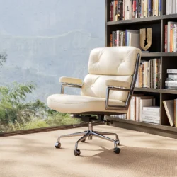 Chaise classique rembourrée à dossier moyen, en cuir véritable, avec accoudoir pour bureau