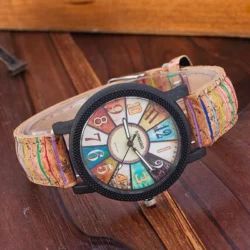 Montres-bracelets à quartz colorées en bois motif vintage, montre-bracelet en cuir,