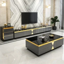 Meuble TV et table basse avec dessus en verre, meubles de salon modernes de luxe,