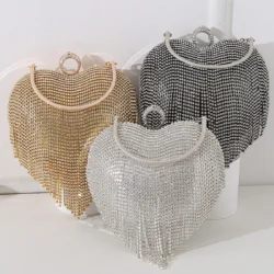Sac de soirée en strass motif cœur, sac à main argenté pour femmes,