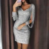 Mini Robe Pailletée Femme | Manches Longues, Col en V & Dos Évidé | Robe de Soirée Moulante Sexy – Image 2