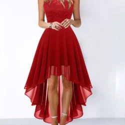 Robe de dîner en mousseline de soie ajourée - Dentelle élégante et style britannique - Coupe taille haute sans manches et col rond pour femme