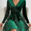 Mini robe trapèze sexy à manches longues pour femme - Couleur unie et scintillante pour les fêtes - 4 coloris disponibles – Image 4