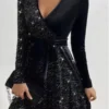 Mini robe trapèze sexy à manches longues pour femme - Couleur unie et scintillante pour les fêtes - 4 coloris disponibles – Image 3
