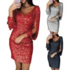 Mini Robe Pailletée Femme | Manches Longues, Col en V & Dos Évidé | Robe de Soirée Moulante Sexy – Image 4