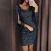 Mini Robe Pailletée Femme | Manches Longues, Col en V & Dos Évidé | Robe de Soirée Moulante Sexy – Image 3
