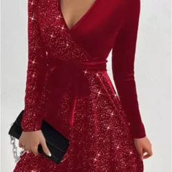 Mini robe trapèze sexy à manches longues pour femme - Couleur unie et scintillante pour les fêtes - 4 coloris disponibles