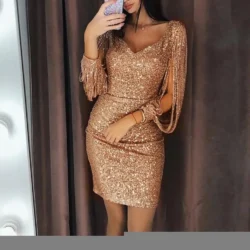 Mini Robe Pailletée Femme | Manches Longues, Col en V & Dos Évidé | Robe de Soirée Moulante Sexy