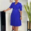 Robe col en V couleur unie plissée robe Maxi africaine pour femmes de grande taille robe de soirée élégante Petite robes formelles – Image 3